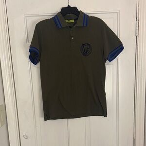 Versace Olive Polo with Blue Contrast Trim - Men's Designer Shirt